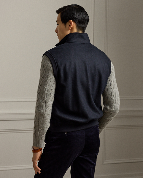 This waistcoat is masterfully crafted in Italy with double-faced cashmere-blend jersey and features silk binding at the interior. The medium-weight design offers modern refinement through its slim silhouette, while distinctive suede details and custom hardware reflect our meticulous attention to detail.