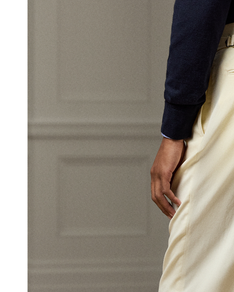 These double-pleated trousers are hand-tailored in Italy with wool trench that is one of the most iconic fabrications personally selected by Mr Lauren. Custom-developed with a matte, brushed finish, the cloth offers a smooth and luxurious drape.