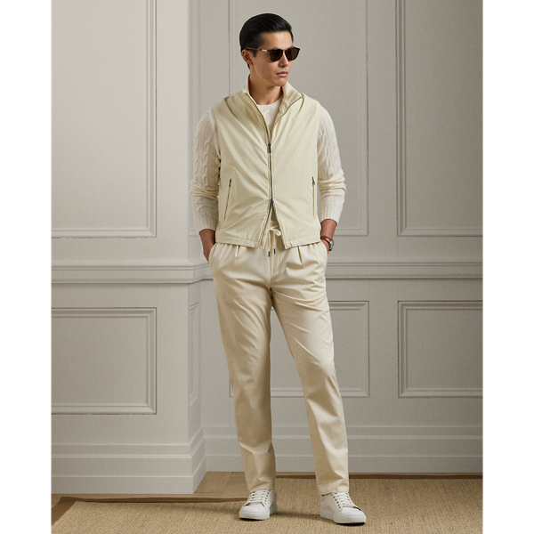 These trousers' Italian satin fabric was custom-developed using a cotton blend that includes silk and a hint of stretch. Constructed with an elastic drawstring waistband, they combine the look of traditional tailoring with the modern comfort of Purple Label sportswear.