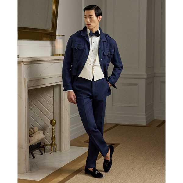 These flat-front trousers are tailored by hand in Italy using a linen dobby cloth that was custom-developed for  Ralph Lauren Lauren.