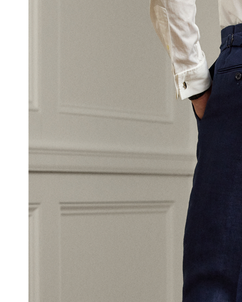 These flat-front trousers are tailored by hand in Italy using a linen dobby cloth that was custom-developed for  Ralph Lauren Lauren.