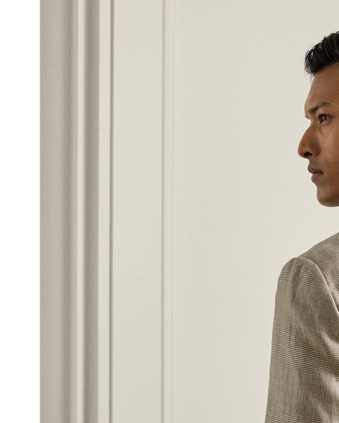Skillfully hand-tailored in Italy, the Kent combines a lighter construction with fine canvassing and a soft shoulder to create a more natural profile. This version's Glen plaid fabric was custom-developed for  Ralph Lauren Lauren using a luxurious blend of lightweight linen and silk.