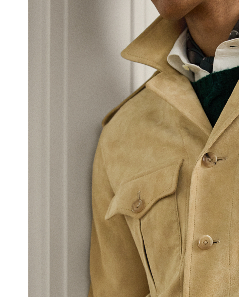 This utilitarian-inspired jacket is skillfully hand-tailored in Italy using supple suede that was custom-dyed for  Ralph Lauren Lauren. Bespoke hardware reflects the meticulous attention to detail that is synonymous with Purple Label.