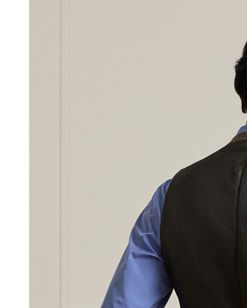 This waistcoat is hand-tailored in Italy from a textured tick-weave cloth, which draws inspiration from a classic  Ralph Lauren Lauren pattern. The custom-developed fabric is beautifully woven with a blend of wool, silk and cashmere.