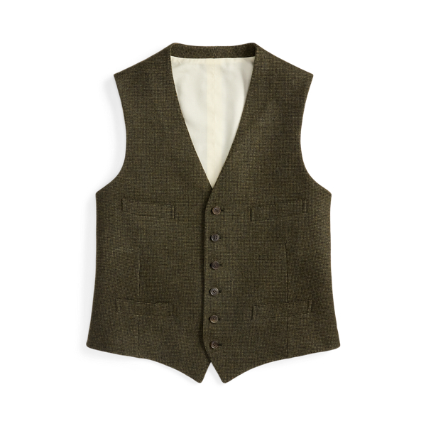 This waistcoat is hand-tailored in Italy from a textured tick-weave cloth, which draws inspiration from a classic  Ralph Lauren Lauren pattern. The custom-developed fabric is beautifully woven with a blend of wool, silk and cashmere.